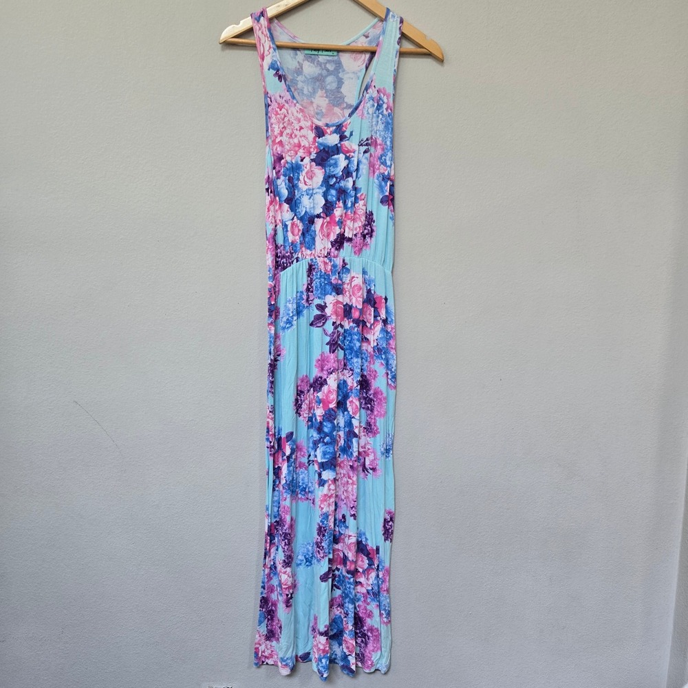 Filly Flair Maxi Dress Womens Medium Blue Pink Floral Racerback Summer Boho Long